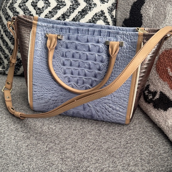 Brahmin Gray and Tan Croc-Embossed Satchel - Picture 2 of 14